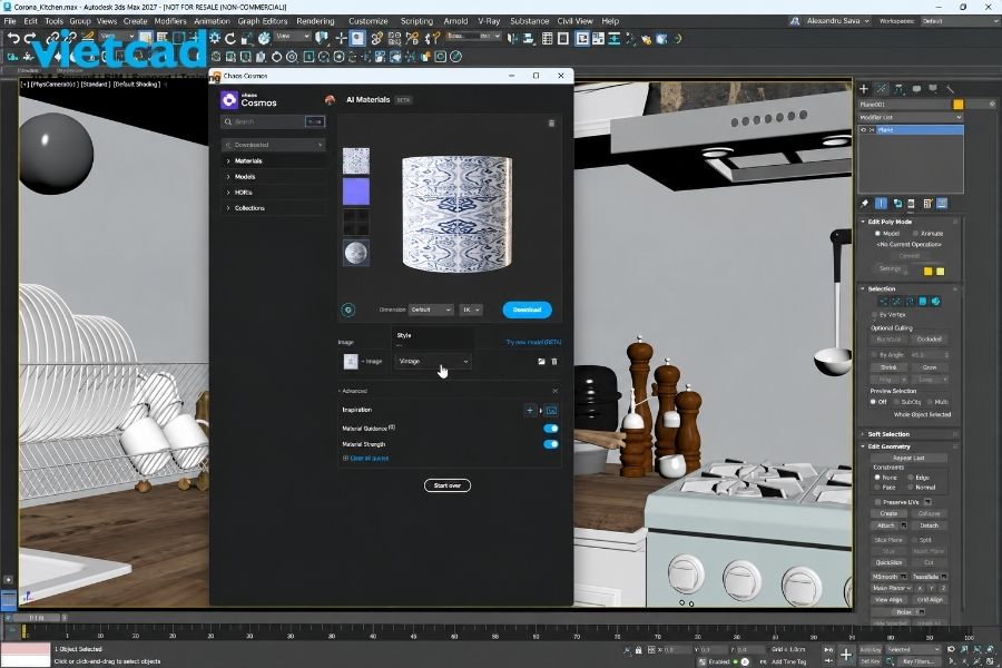 Cosmos AI Material Generator hỗ trợ tạo v&agrave; xem trước vật liệu tương t&aacute;c 3D với độ ph&acirc;n giải texture l&ecirc;n đến 4K trong Chaos Cosmos