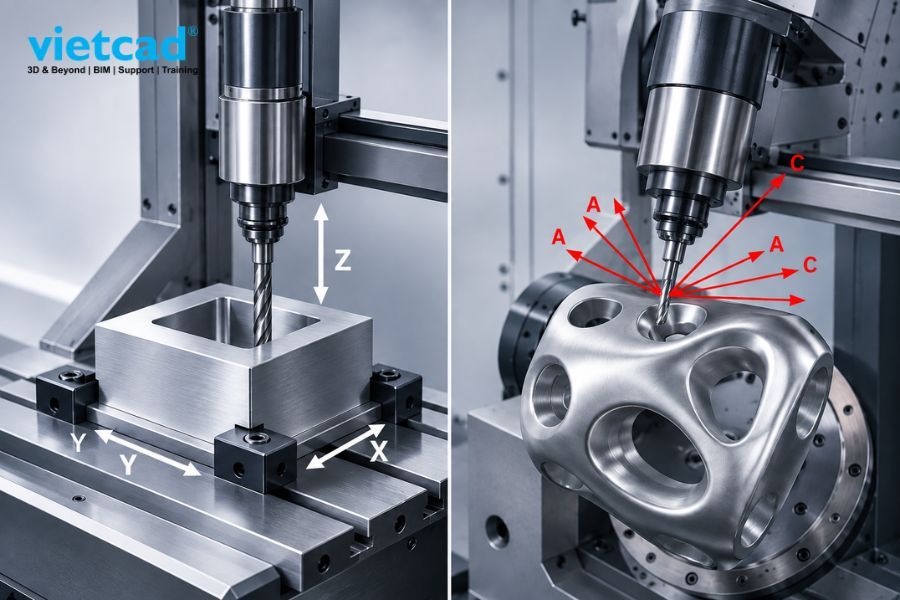 Kh&aacute;c biệt về chuyển động giữa gia c&ocirc;ng 3 trục v&agrave; 5 trục: từ chuyển động tuyến t&iacute;nh X, Y, Z đến khả năng xoay trục A, C