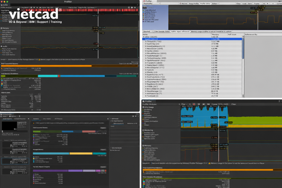 Unity Memory Profiler theo d&otilde;i mức sử dụng bộ nhớ khi l&agrave;m việc với project Unity