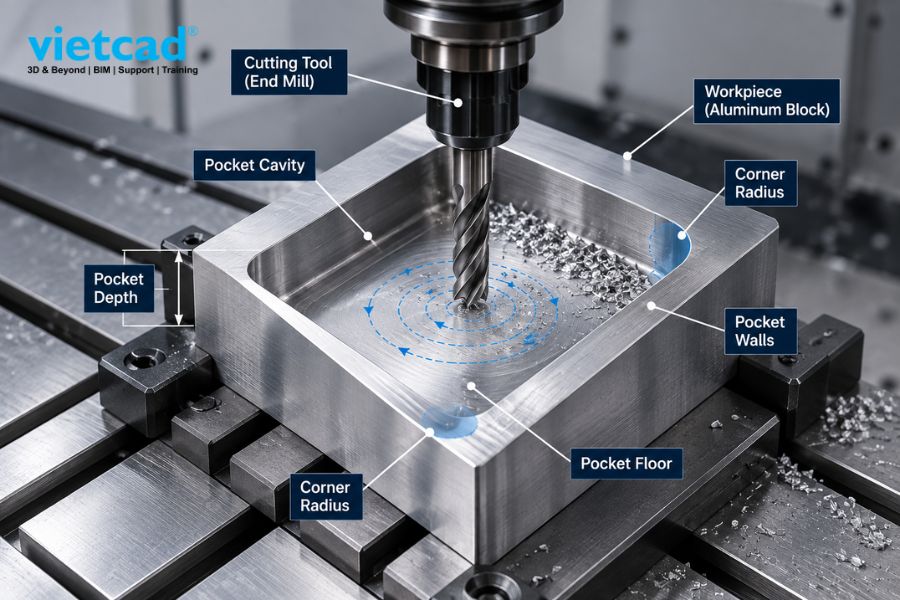 Gia c&ocirc;ng hốc s&acirc;u với c&aacute;c v&ugrave;ng pocket, th&agrave;nh hốc v&agrave; b&aacute;n k&iacute;nh g&oacute;c cần được kiểm so&aacute;t trong qu&aacute; tr&igrave;nh tạo toolpath
