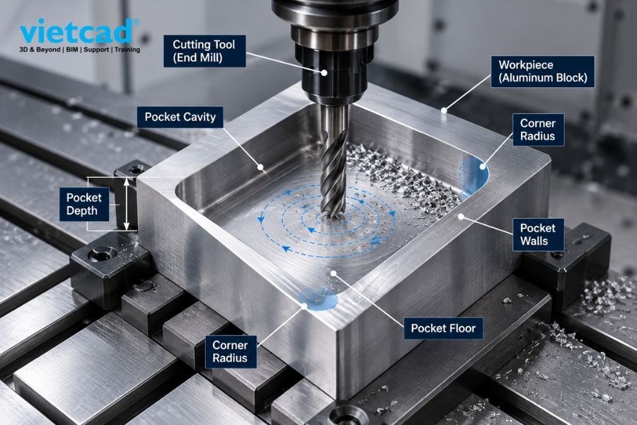 Gia c&ocirc;ng hốc s&acirc;u với c&aacute;c v&ugrave;ng pocket, th&agrave;nh hốc v&agrave; b&aacute;n k&iacute;nh g&oacute;c cần được kiểm so&aacute;t trong qu&aacute; tr&igrave;nh tạo toolpath