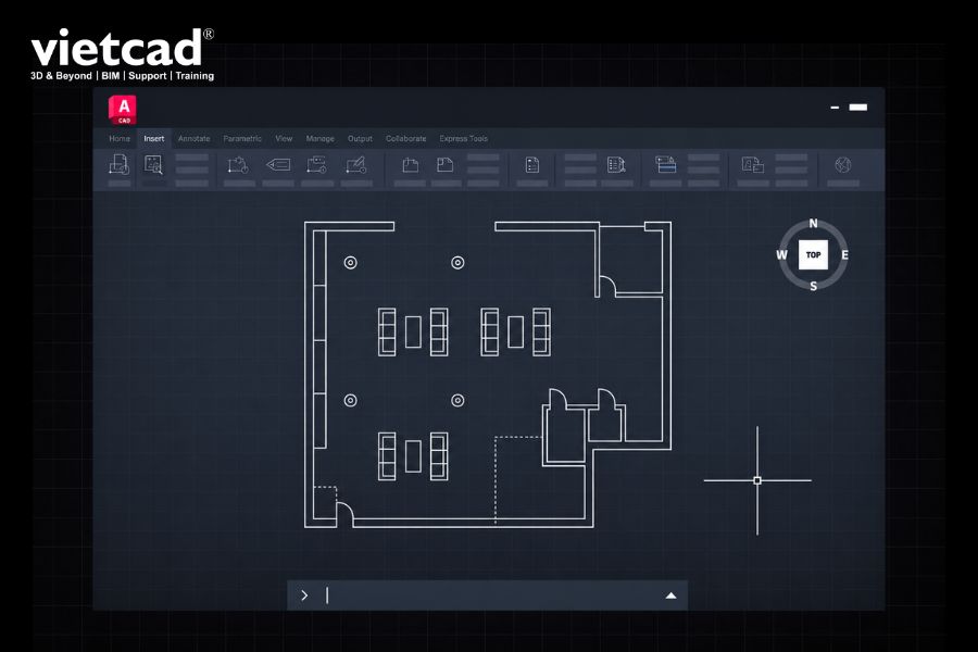Giao diện AutoCAD với bản vẽ mặt bằng 2D, hỗ trợ triển khai v&agrave; chỉnh sửa c&aacute;c chi tiết trong thiết kế kỹ thuật