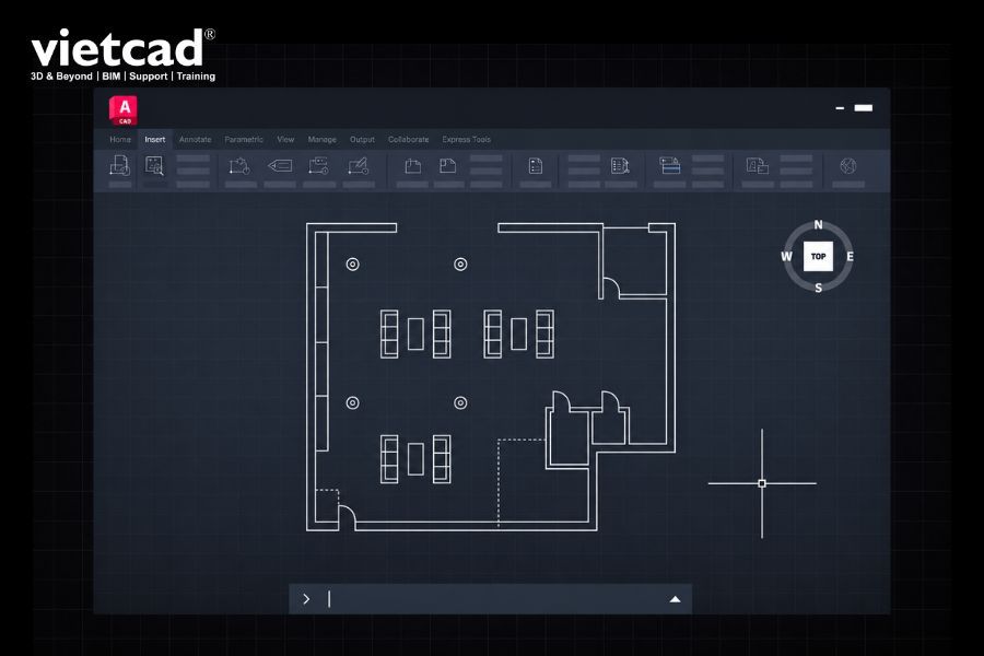 Giao diện AutoCAD với bản vẽ mặt bằng 2D, hỗ trợ triển khai v&agrave; chỉnh sửa c&aacute;c chi tiết trong thiết kế kỹ thuật