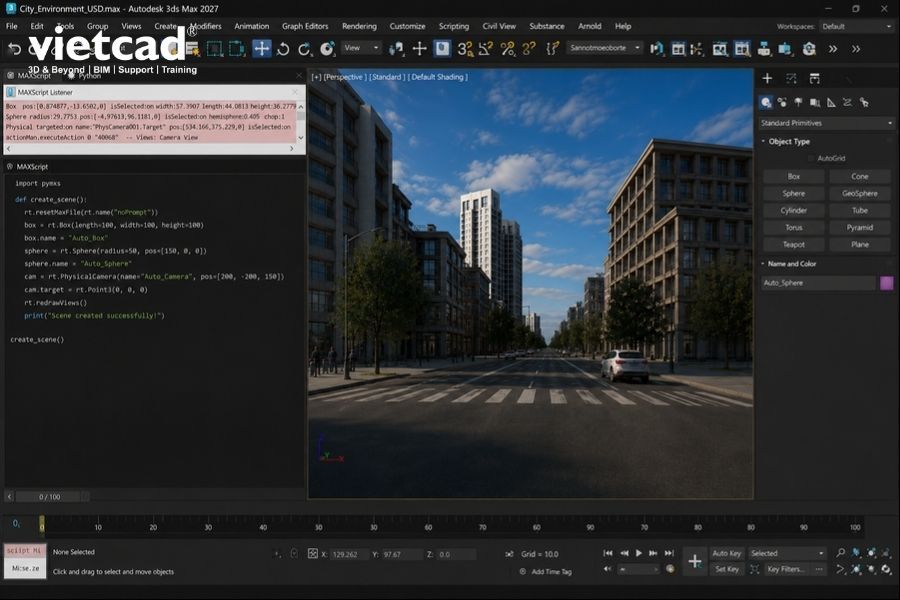 Cửa sổ MAXScript v&agrave; Python Editor trong 3ds Max 2027 đang thực thi script tự động h&oacute;a tạo scene, hỗ trợ mở rộng quy tr&igrave;nh l&agrave;m việc