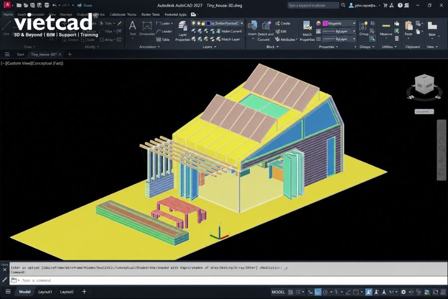 M&ocirc; h&igrave;nh nh&agrave; 3D được dựng v&agrave; hiển thị trực quan trong AutoCAD, minh họa khả năng thiết kế v&agrave; tr&igrave;nh b&agrave;y m&ocirc; h&igrave;nh