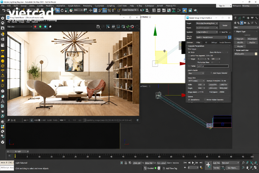 Giao diện V-Ray trong 3ds Max với c&aacute;c c&ocirc;ng cụ thiết lập render, &aacute;nh s&aacute;ng v&agrave; vật liệu cho cảnh 3D