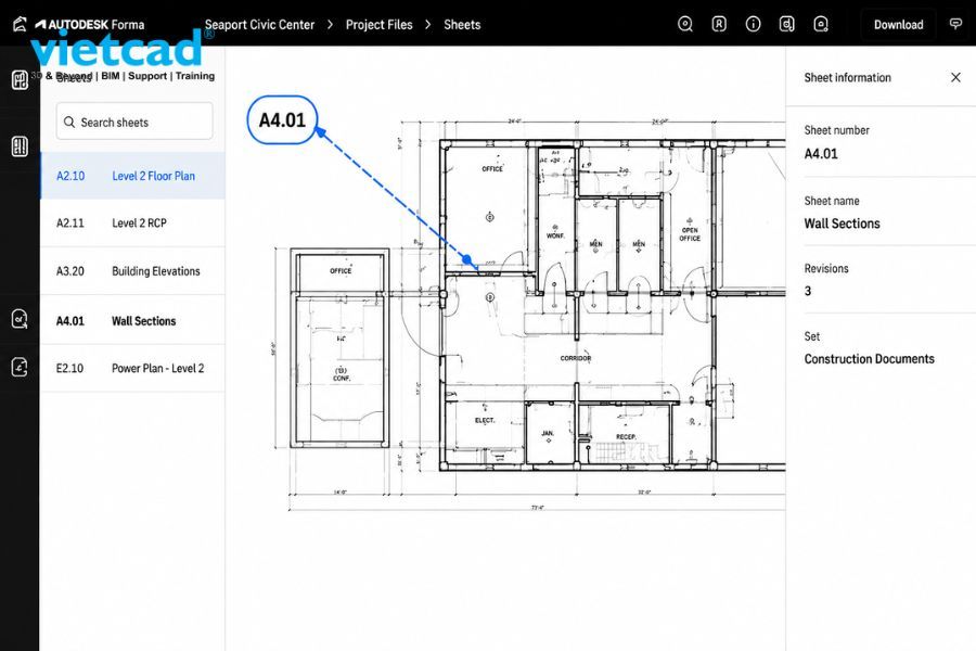 Autodesk Forma tự động li&ecirc;n kết c&aacute;c bản vẽ trong phạm vi to&agrave;n dự &aacute;n