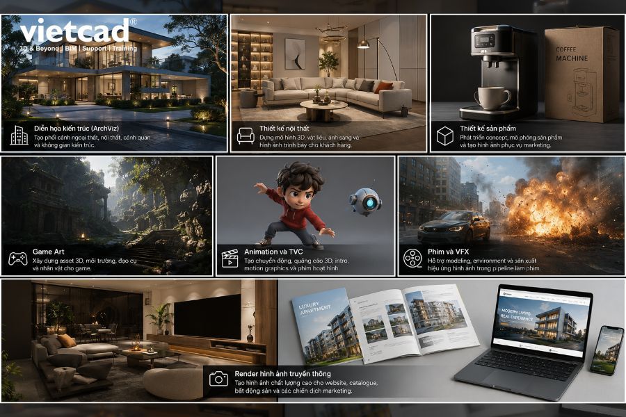 C&aacute;c lĩnh vực ứng dụng phổ biến của Autodesk 3ds Max tại Việt Nam từ diễn họa kiến tr&uacute;c, thiết kế nội thất, thiết kế sản phẩm, Game Art, Animation & TVC đến Phim & VFX v&agrave; render h&igrave;nh ảnh truyền th&ocirc;ng