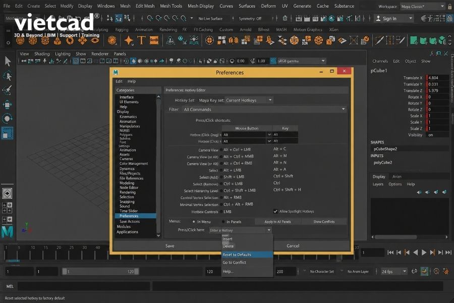 Thiết lập tốc độ
    ph&aacute;t 24 fps trong Time Slider Preferences của Maya