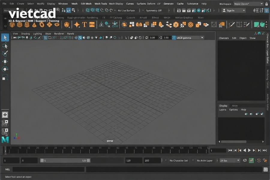 Giao diện l&agrave;m việc
    của Autodesk Maya với Viewport, Channel Box v&agrave; Timeline để tạo 3D Animation