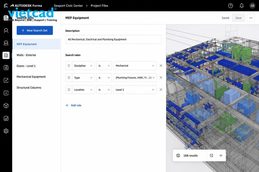 Search Sets trong Autodesk Forma Data Management gi&uacute;p t&igrave;m v&agrave; quản l&yacute; đối tượng m&ocirc; h&igrave;nh