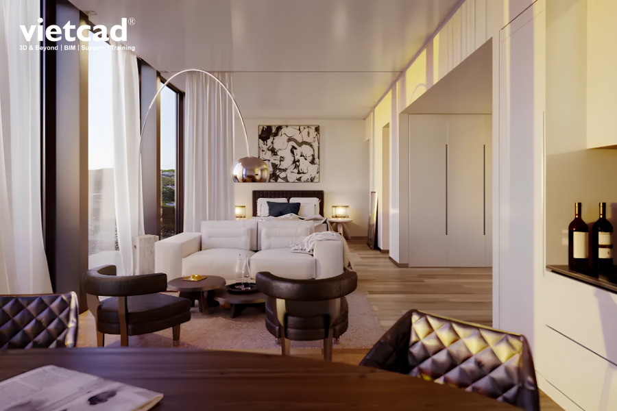 Render nội thất ph&ograve;ng ngủ kết hợp ph&ograve;ng kh&aacute;ch bằng Corona Renderer