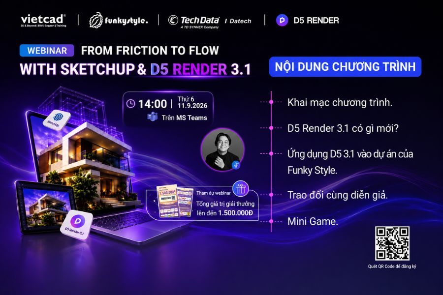 Lịch tr&igrave;nh c&aacute;c nội dung ch&iacute;nh của hội thảo trực tuyến SketchUp & D5 Render 3.1
