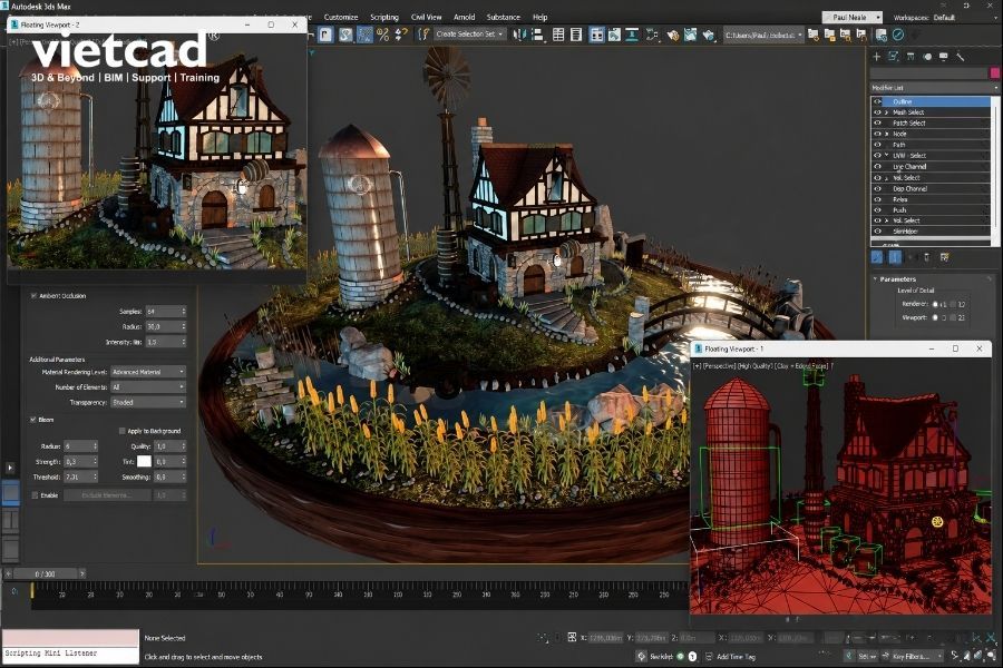 Giao diện Autodesk 3ds Max 2027 với viewport Perspective hiển thị m&ocirc; h&igrave;nh m&ocirc;i trường chi tiết, thể hiện kh&ocirc;ng gian l&agrave;m việc chuy&ecirc;n nghiệp