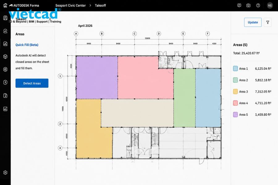 Autodesk Forma Quick Fill for Areas tự động nhận diện khu vực tr&ecirc;n bản vẽ PDF