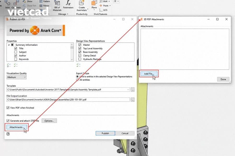 Mở phần quản l&yacute; tệp đ&iacute;nh k&egrave;m của 3D PDF