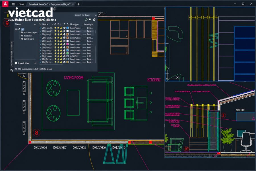 Giao diện AutoCAD LT với bản vẽ kiến tr&uacute;c 2D v&agrave; bảng Layer Properties Manager hỗ trợ quản l&yacute; c&aacute;c lớp đối tượng trong bản vẽ