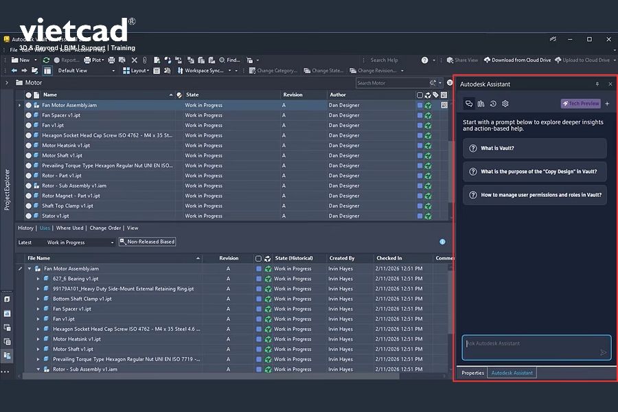 Autodesk Assistant hỗ trợ t&igrave;m kiếm dữ liệu, tương t&aacute;c với hệ thống bằng ng&ocirc;n ngữ tự nhi&ecirc;n v&agrave; thực hiện một số t&aacute;c vụ quản l&yacute; dữ liệu sản phẩm