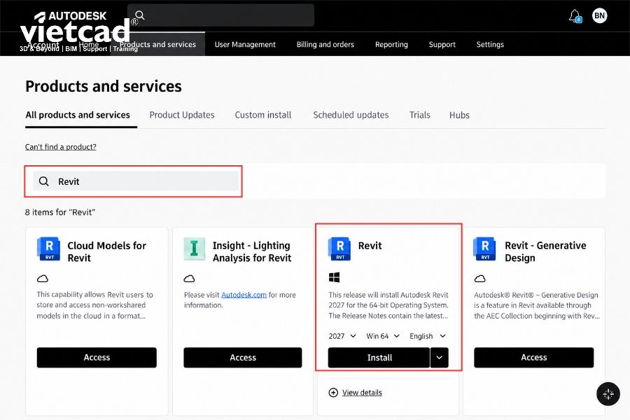 Giao diện Autodesk Account tại mục Products, hiển thị Autodesk Revit v&agrave; t&ugrave;y chọn Install
