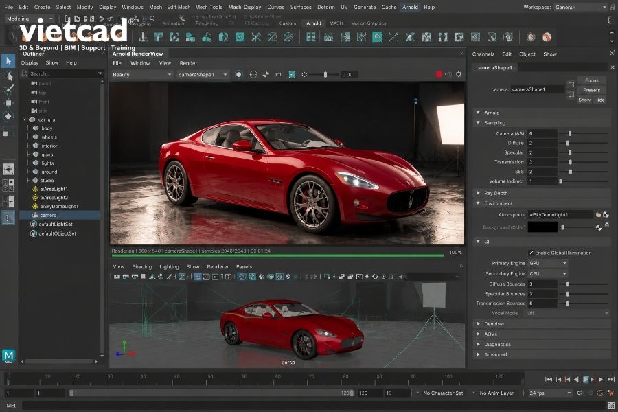 Autodesk Arnold hiển thị m&ocirc; h&igrave;nh 3D v&agrave; kết quả render trong m&ocirc;i trường sản xuất
