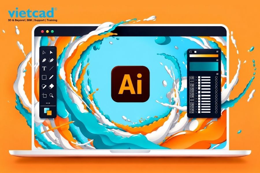 Giao diện Adobe Illustrator với artwork vector, c&ocirc;ng cụ thiết kế v&agrave; c&aacute;c th&agrave;nh phần đồ họa thương hiệu, thể hiện vai tr&ograve; của Illustrator trong thiết kế vector chuy&ecirc;n nghiệp