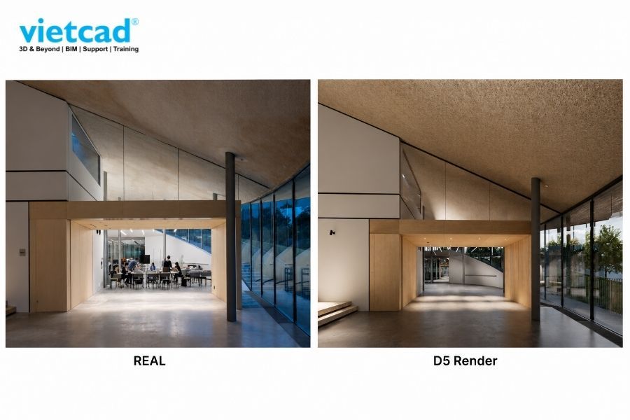 So s&aacute;nh giữa ảnh thực tế v&agrave; h&igrave;nh ảnh từ D5 Render cho thấy khả năng t&aacute;i tạo vật liệu, &aacute;nh s&aacute;ng v&agrave; bố cục ch&iacute;nh x&aacute;c, gi&uacute;p đồng bộ quy tr&igrave;nh l&agrave;m việc với D5 Render
