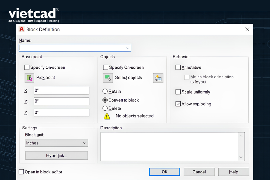 Hộp thoại Block Definition trong AutoCAD để đặt t&ecirc;n, chọn điểm cơ sở v&agrave; đối tượng tạo Block
