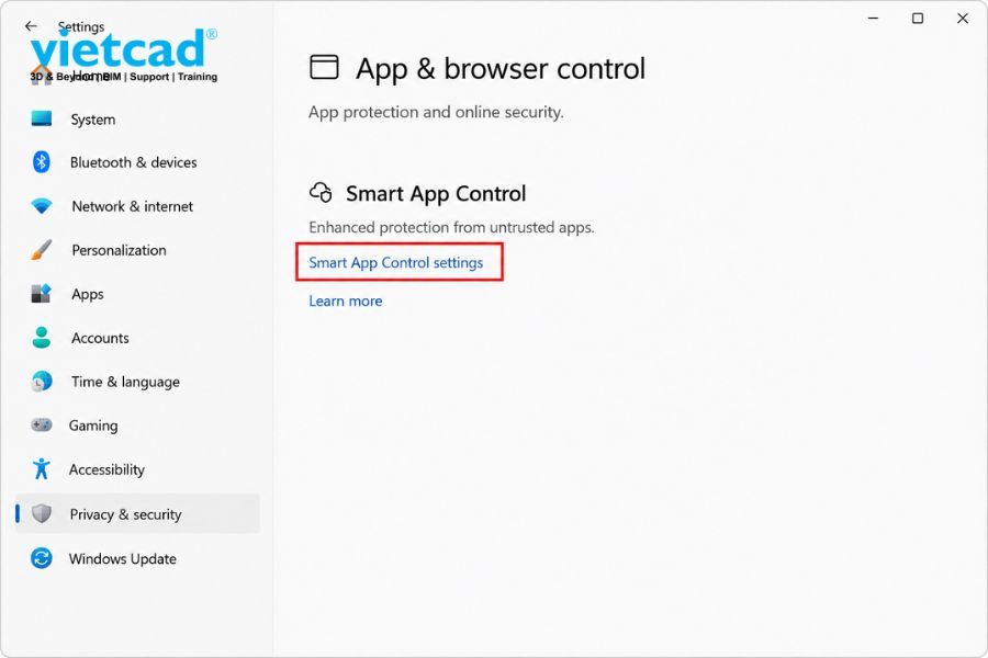Giao diện Windows Security mục App & browser control, hiển thị t&ugrave;y chọn Smart App Control settings được đ&aacute;nh dấu để hướng dẫn xử l&yacute; lỗi
