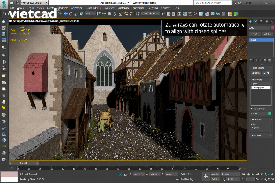 RailClone trong 3ds Max hỗ trợ tạo lan can, h&agrave;ng r&agrave;o, mặt tiền v&agrave; c&aacute;c cấu tr&uacute;c lặp lại theo quy tắc tham số