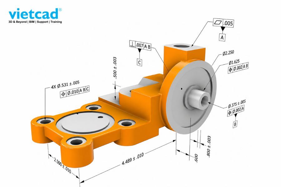 V&iacute; dụ m&ocirc; h&igrave;nh 3D đ&atilde; được gắn đầy đủ PMI v&agrave; GD&T theo phương ph&aacute;p MBD
