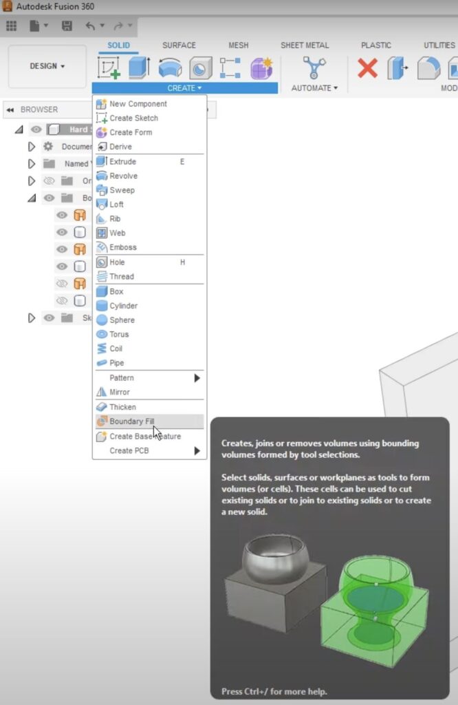 Boundary fill tool inn Autodesk Fusion 