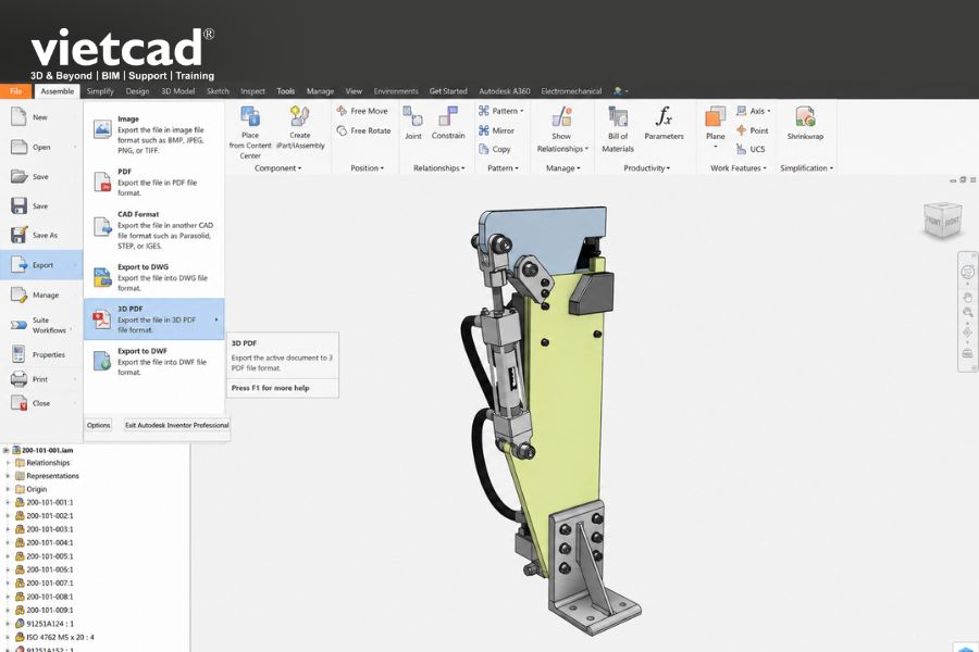Truy cập lệnh Export 3D PDF trong Autodesk Inventor để bắt đầu qu&aacute; tr&igrave;nh xuất m&ocirc; h&igrave;nh 3D