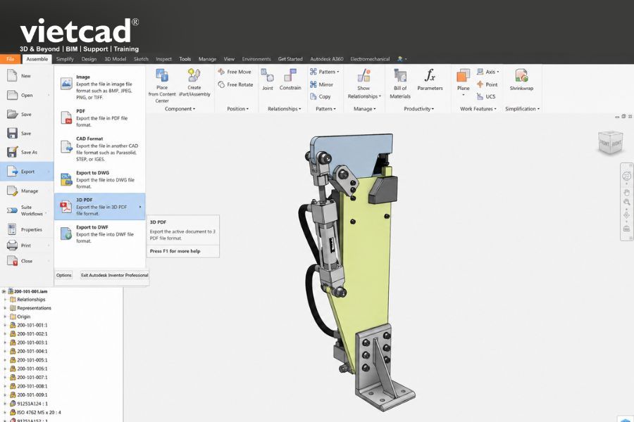 Truy cập lệnh Export 3D PDF trong Autodesk Inventor để bắt đầu qu&aacute; tr&igrave;nh xuất m&ocirc; h&igrave;nh 3D