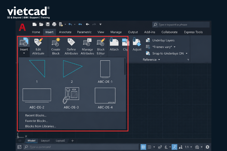 Blocks Palette trong AutoCAD hiển thị c&aacute;c Block c&oacute; sẵn để ch&egrave;n v&agrave;o bản vẽ