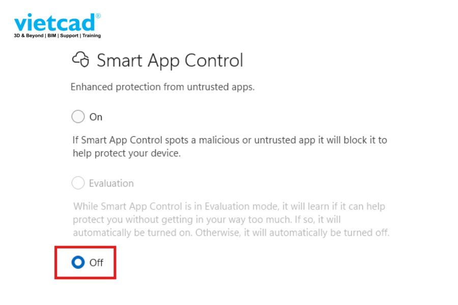 Phần thiết lập t&iacute;nh năng bảo mật Smart App Control Windows 11 gồm c&oacute; c&aacute;c t&ugrave;y chọn kh&aacute;c nhau, ch&uacute;ng ta chọn Evaluation để k&iacute;ch hoạt