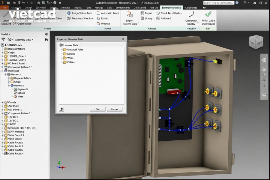 Cable & Harness trong Autodesk Inventor hỗ trợ thiết kế v&agrave; quản l&yacute; hệ thống d&acirc;y điện, c&aacute;p v&agrave; kết nối ngay tr&ecirc;n m&ocirc; h&igrave;nh 3D
