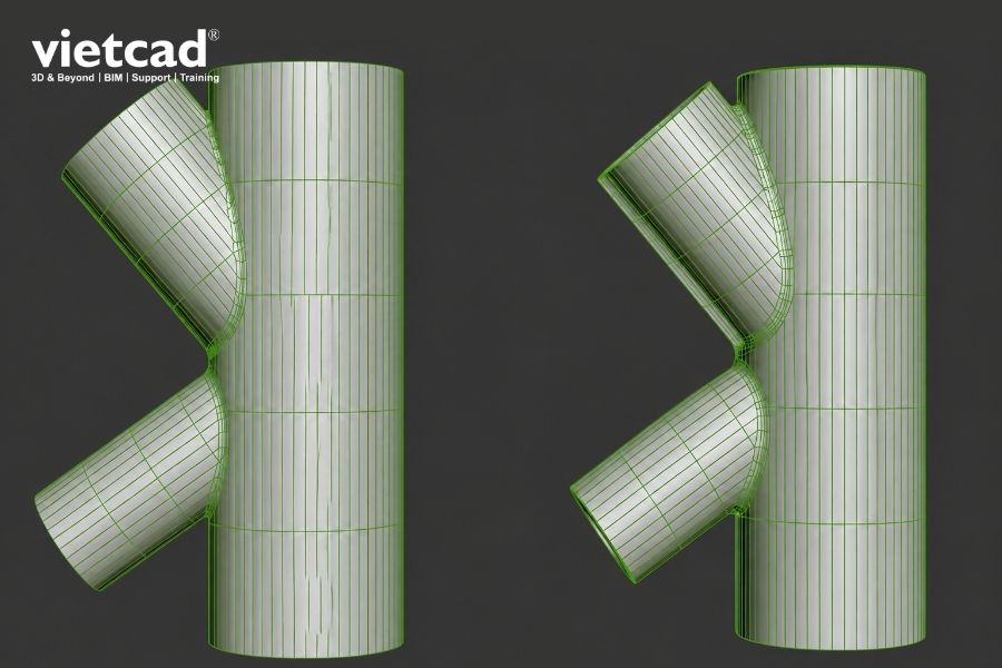 So s&aacute;nh topology trước v&agrave; sau khi &aacute;p dụng Smart Bevel, cạnh Boolean được xử l&yacute; sạch sẽ v&agrave; ổn định hơn trong 3ds Max 2027