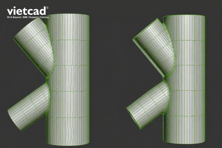 So s&aacute;nh topology trước v&agrave; sau khi &aacute;p dụng Smart Bevel, cạnh Boolean được xử l&yacute; sạch sẽ v&agrave; ổn định hơn trong 3ds Max 2027