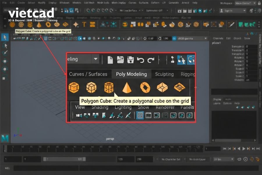 Chọn Polygon Cube trong
    Maya để tạo đối tượng 3D cho b&agrave;i tập animation