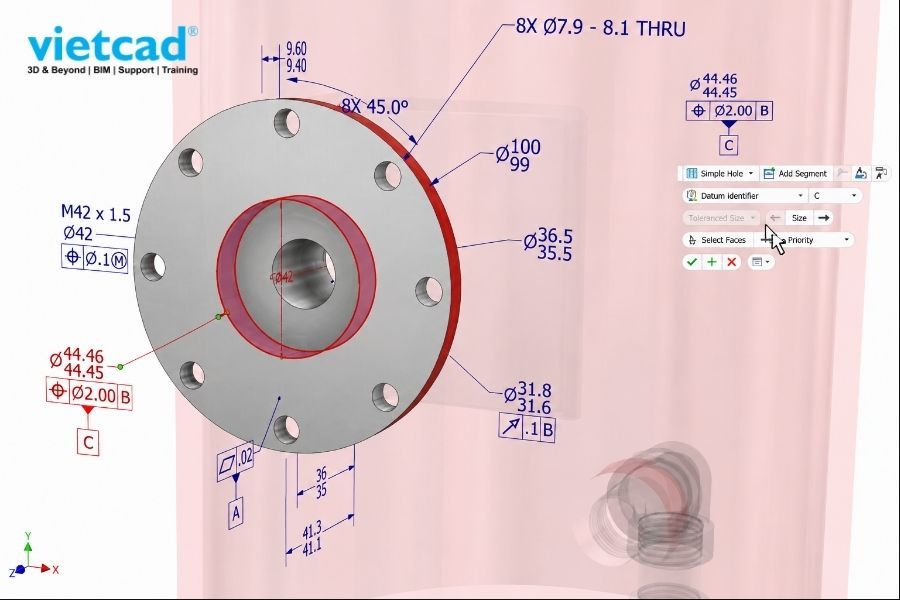 Người d&ugrave;ng c&oacute; thể dễ d&agrave;ng th&ecirc;m, chỉnh sửa k&iacute;ch thước v&agrave; dung sai GD&T ngay tr&ecirc;n m&ocirc; h&igrave;nh 3D
