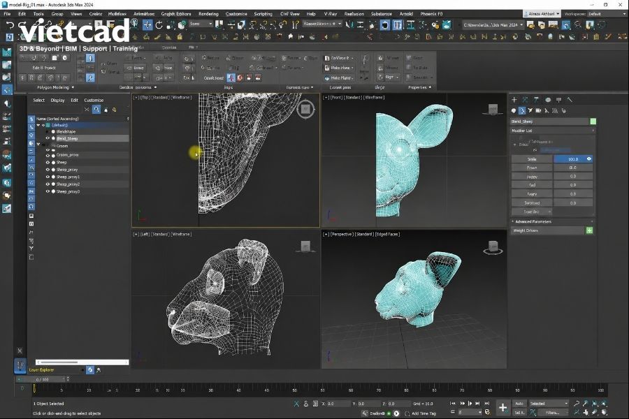Giao diện multi-view hiển thị topology m&ocirc; h&igrave;nh nh&acirc;n vật, hỗ trợ quy tr&igrave;nh trao đổi dữ liệu v&agrave; tối ưu mesh trong pipeline sản xuất.