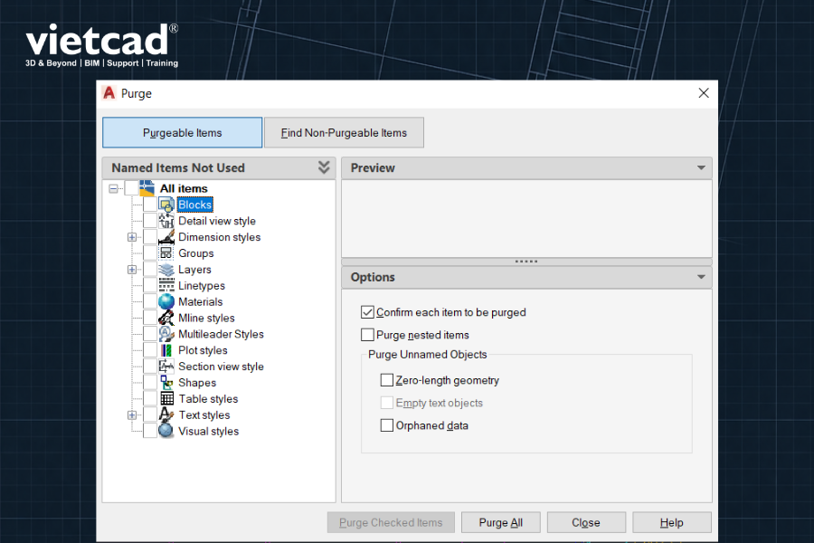 Hộp thoại Purge trong AutoCAD hiển thị danh s&aacute;ch Block c&oacute; thể x&oacute;a khỏi bản vẽ