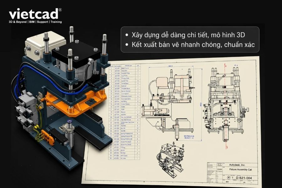 Autodesk Inventor li&ecirc;n kết m&ocirc; h&igrave;nh 3D với bản vẽ kỹ thuật v&agrave; BOM, gi&uacute;p hồ sơ thiết kế tự động cập nhật khi m&ocirc; h&igrave;nh thay đổi