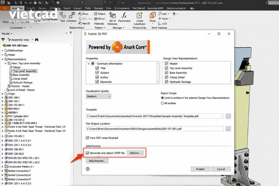 K&iacute;ch hoạt t&ugrave;y chọn đ&iacute;nh k&egrave;m file STEP c&ugrave;ng 3D PDF