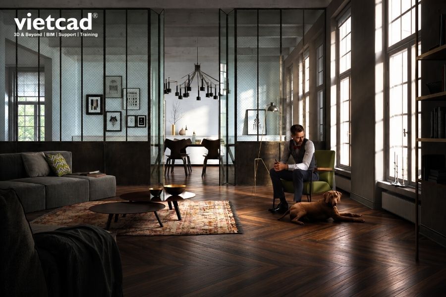 Scene ArchViz nội thất c&oacute; nh&acirc;n vật, vật liệu v&agrave; nhiều v&ugrave;ng s&aacute;ng tối l&agrave; v&iacute; dụ điển h&igrave;nh để đ&aacute;nh gi&aacute; renderer theo chất lượng output, thời gian setup v&agrave; workflow thực tế