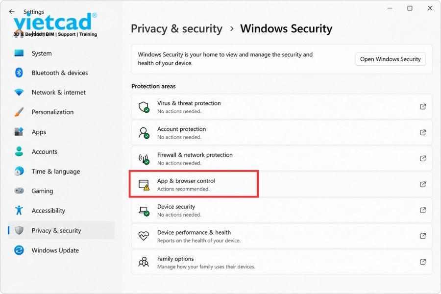 Nhấn v&agrave;o Windows Security trong Windows 11 Settings, hiển thị danh s&aacute;ch Protection areas v&agrave; mục App & browser control