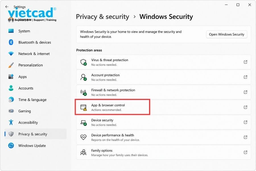 Nhấn v&agrave;o Windows Security trong Windows 11 Settings, hiển thị danh s&aacute;ch Protection areas v&agrave; mục App & browser control