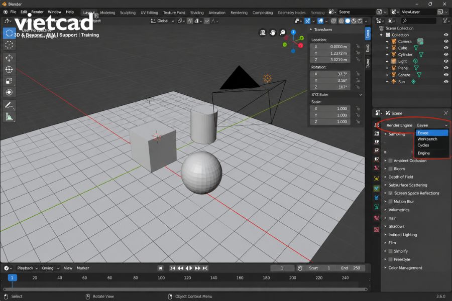 Giao diện Blender với m&ocirc; h&igrave;nh 3D v&agrave; kh&ocirc;ng gian l&agrave;m việc phục vụ modeling v&agrave; rendering