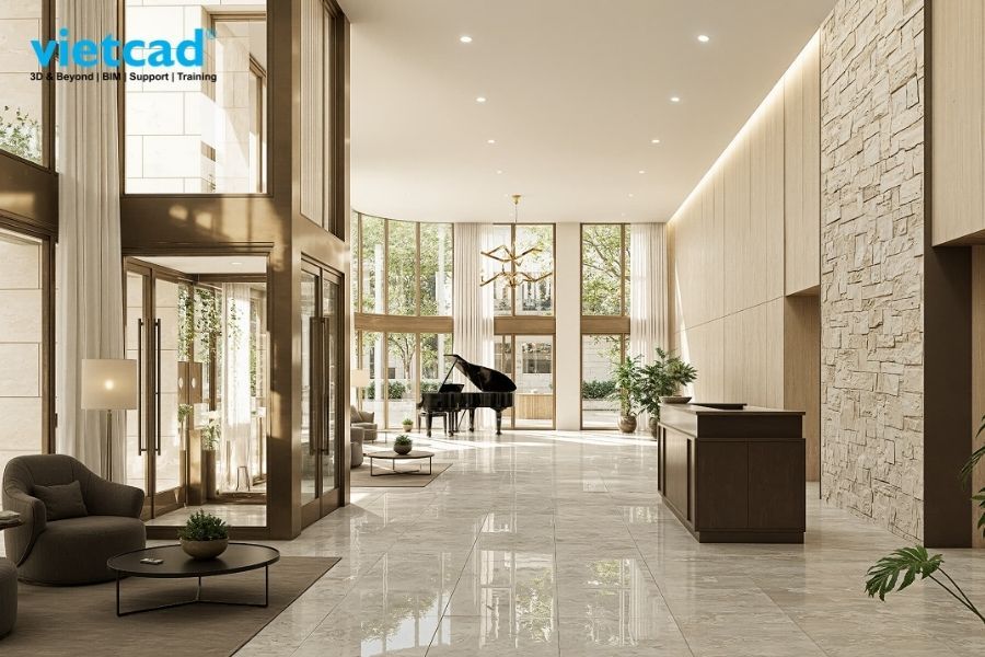 D5 Render gi&uacute;p đồng bộ quy tr&igrave;nh l&agrave;m việc ngay từ giai đoạn thiết kế, cho ph&eacute;p trực quan h&oacute;a v&agrave; đ&aacute;nh gi&aacute; phương &aacute;n theo thời gian thực