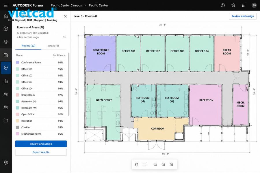 Autodesk Forma sử dụng AI nhận diện ph&ograve;ng v&agrave; khu vực tr&ecirc;n bản vẽ
